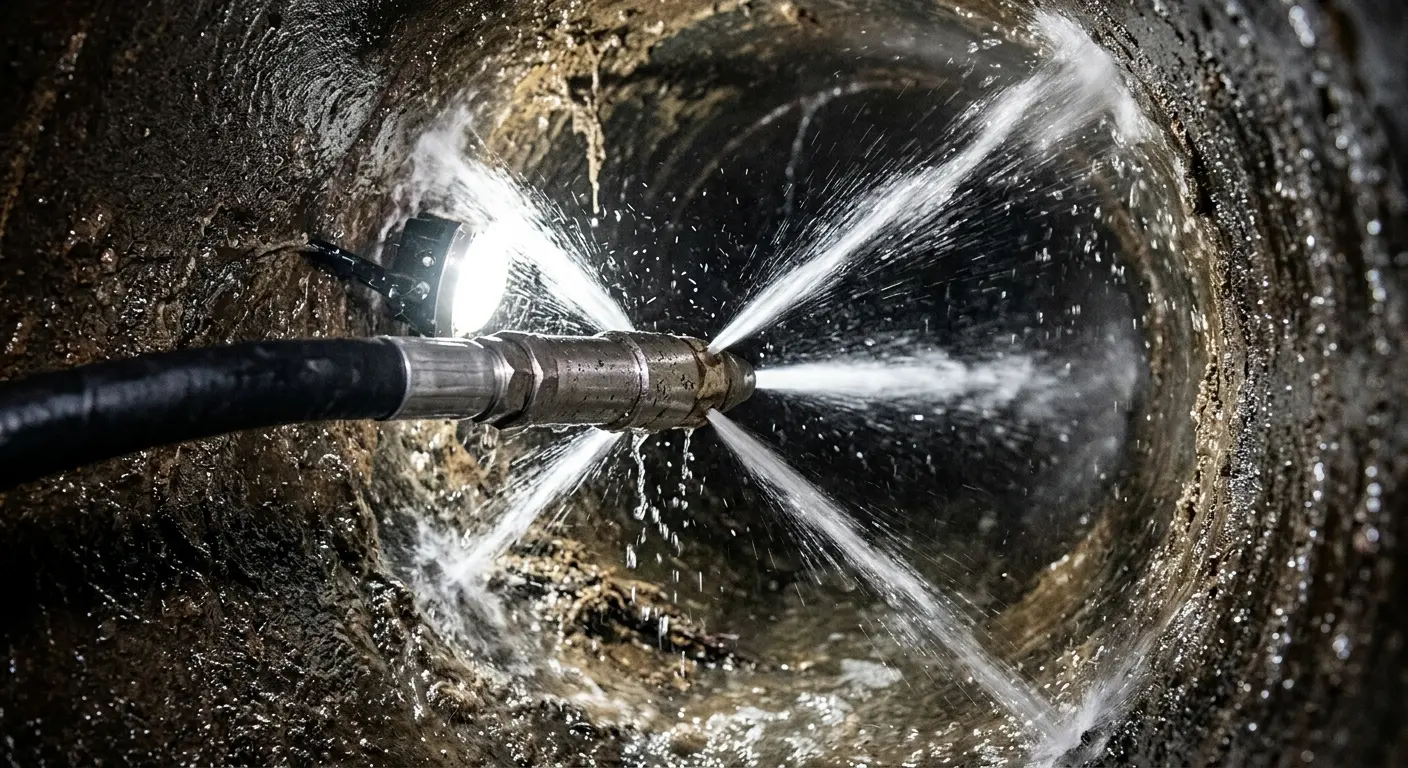 High-pressure hydro jetting nozzle cleaning sewer pipe for Trenchless Sewer Repair in Blacklick Estates