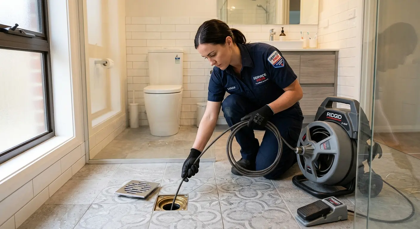 Technician clearing a bathroom floor drain for Clogged Drain Repair in Blacklick Estates